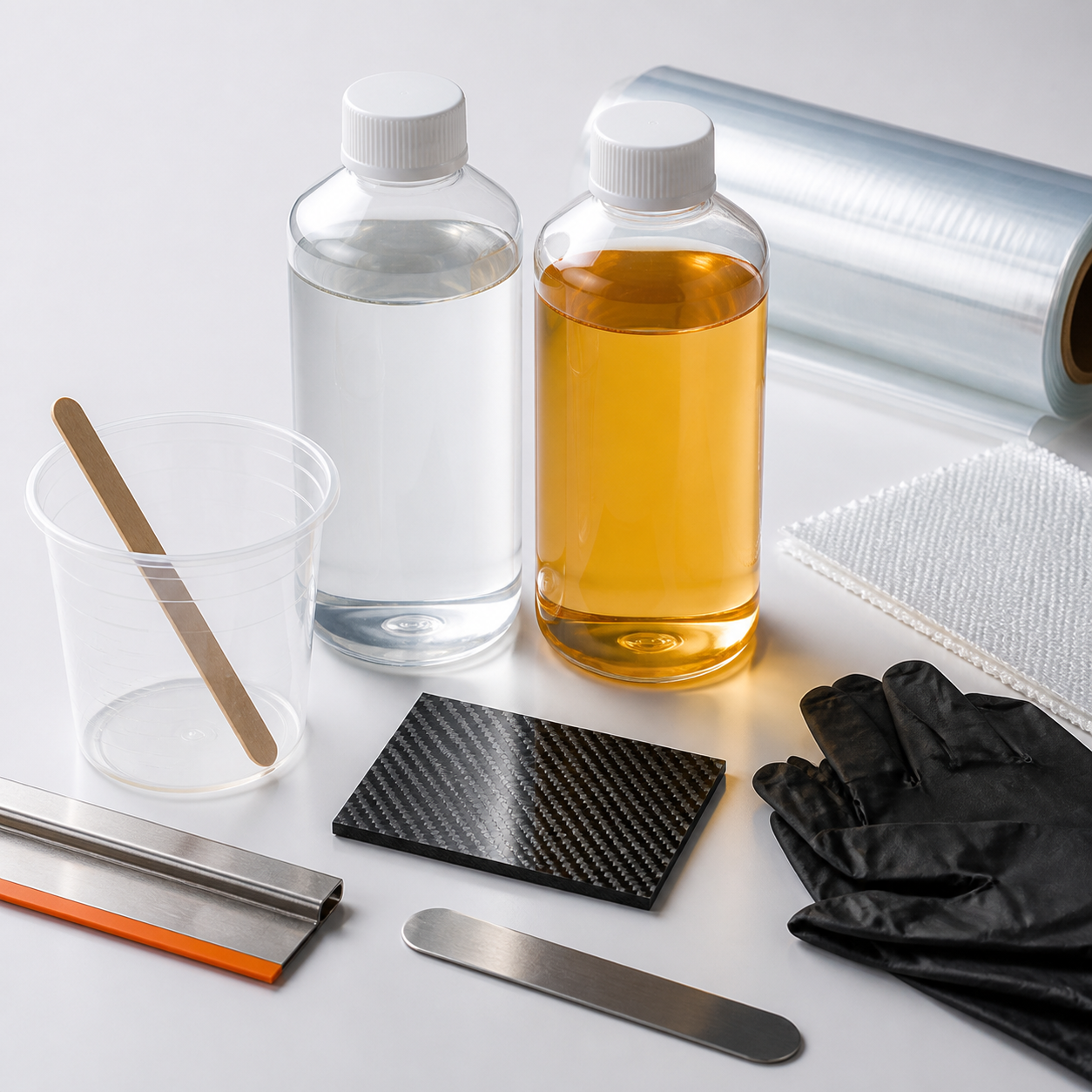 Clear infusion resin system bottles on a workbench