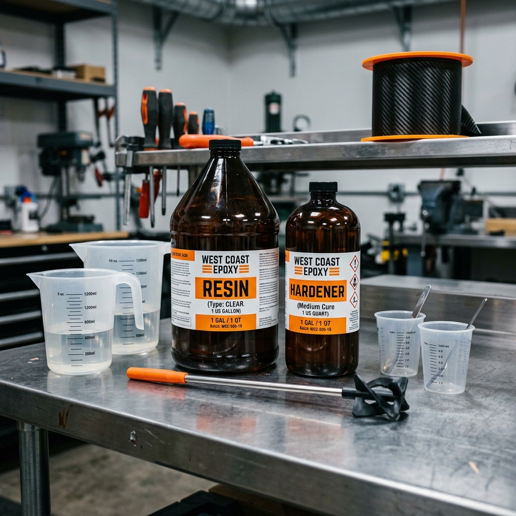 Laminating epoxy resin bottles and composite tools layout on a steel workbench