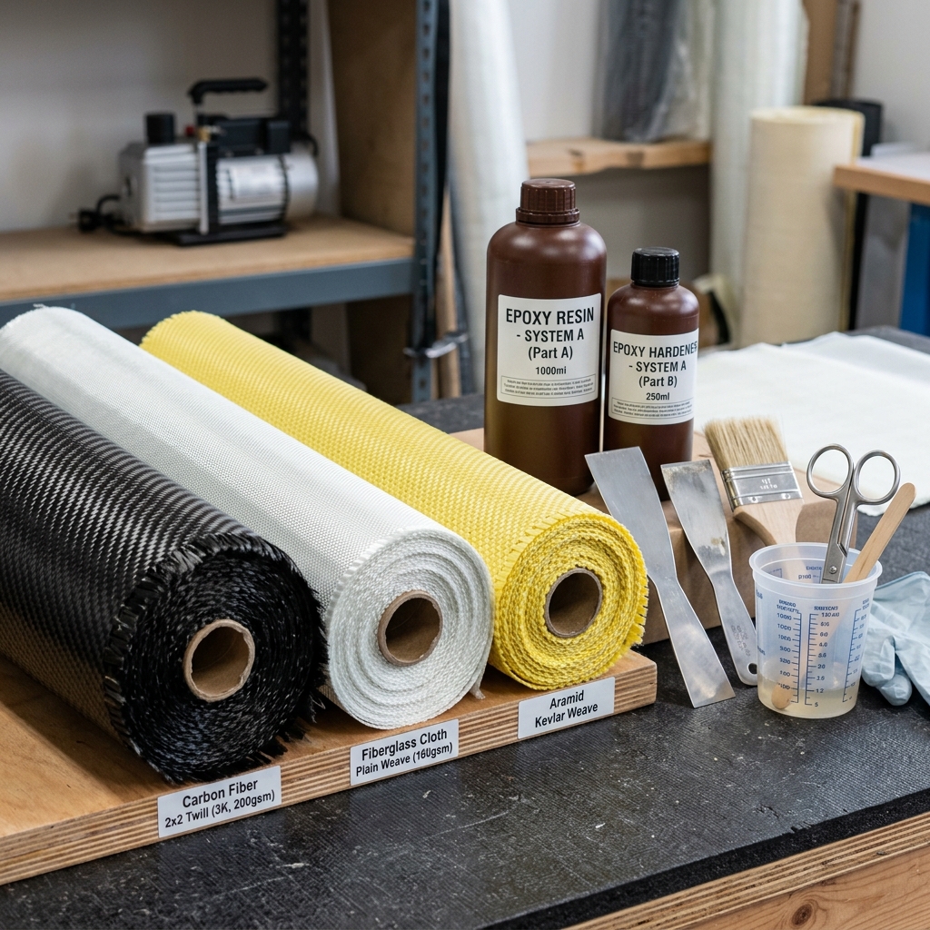 Rolls of carbon fiber, fiberglass, and aramid fabrics neatly organized on a clean workbench