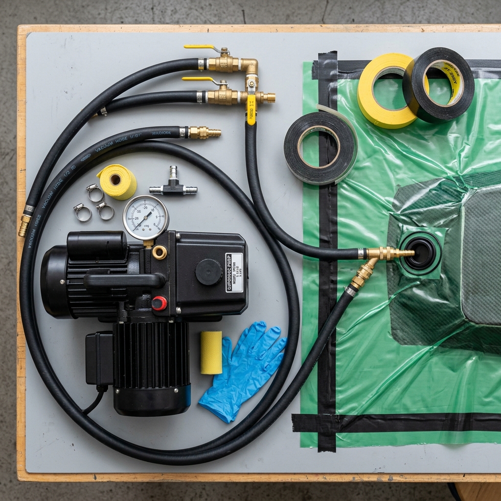 Layout of mechanical vacuum pump, pressure dials, rubber hoses, and yellow sealant tape rolls