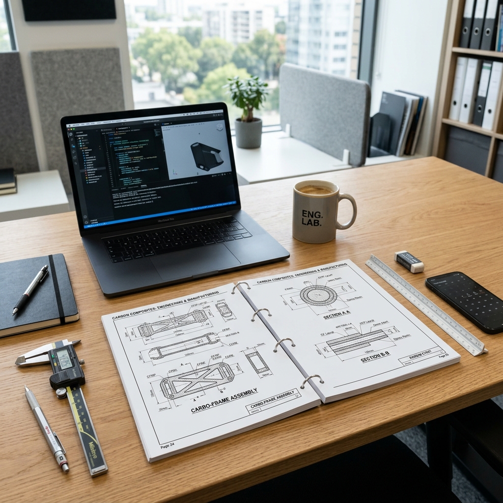 Open technical booklet showing schematic drawings on a modern engineering workbench
